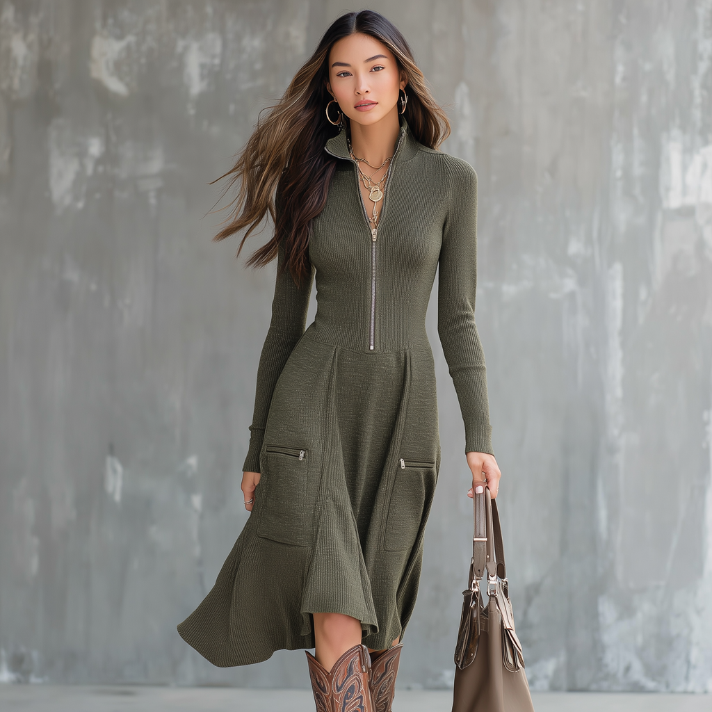Vestido Midi de Punto con Bolsillo y Cremallera en el Cuello Estilo Vintage