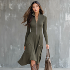 Vestido Midi de Punto con Bolsillo y Cremallera en el Cuello Estilo Vintage