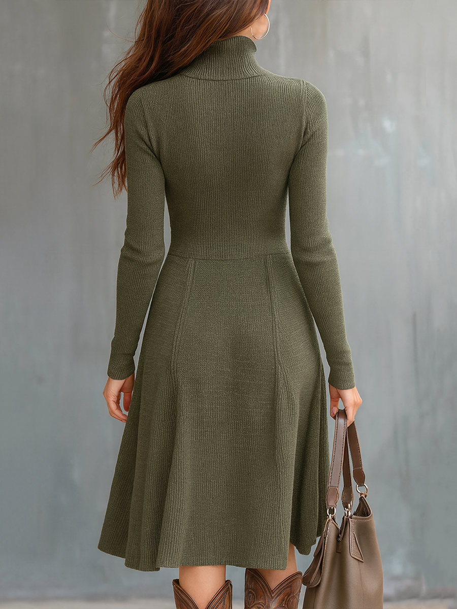 Vestido Midi de Punto con Bolsillo y Cremallera en el Cuello Estilo Vintage