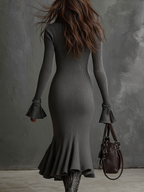 Vestido midi de punto con cuello con cremallera retro y manga acampanada