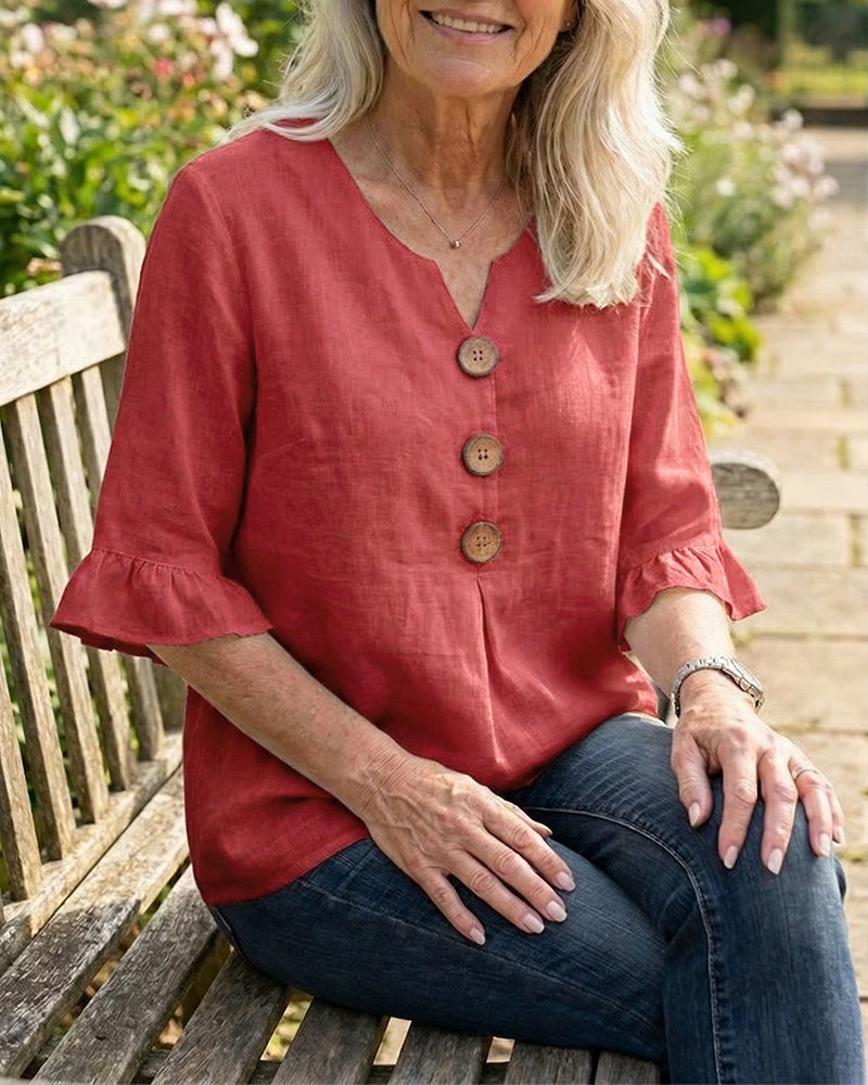 Sophia Blusas lisas de algodón y lino con botones de madera y volantes.