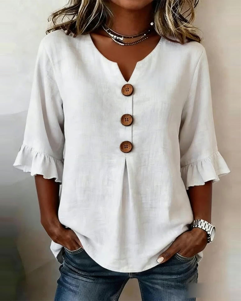 Sophia Blusas lisas de algodón y lino con botones de madera y volantes.