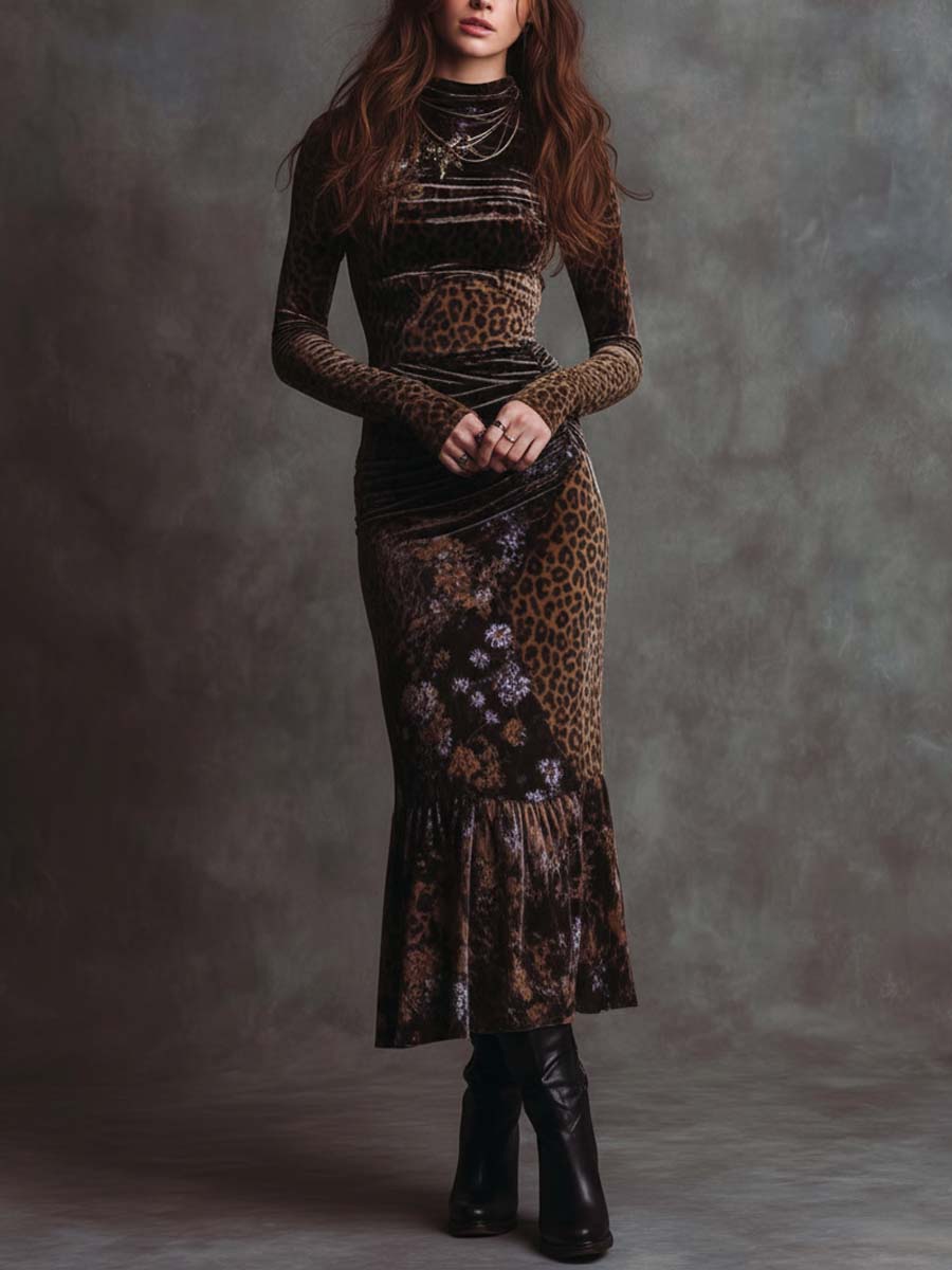 Vestido midi de terciopelo retro gótico con estampado de leopardo y retazos florales