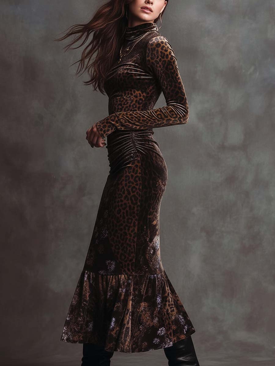 Vestido midi de terciopelo retro gótico con estampado de leopardo y retazos florales