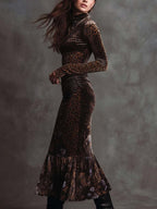 Vestido midi de terciopelo retro gótico con estampado de leopardo y retazos florales