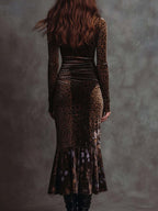 Vestido midi de terciopelo retro gótico con estampado de leopardo y retazos florales