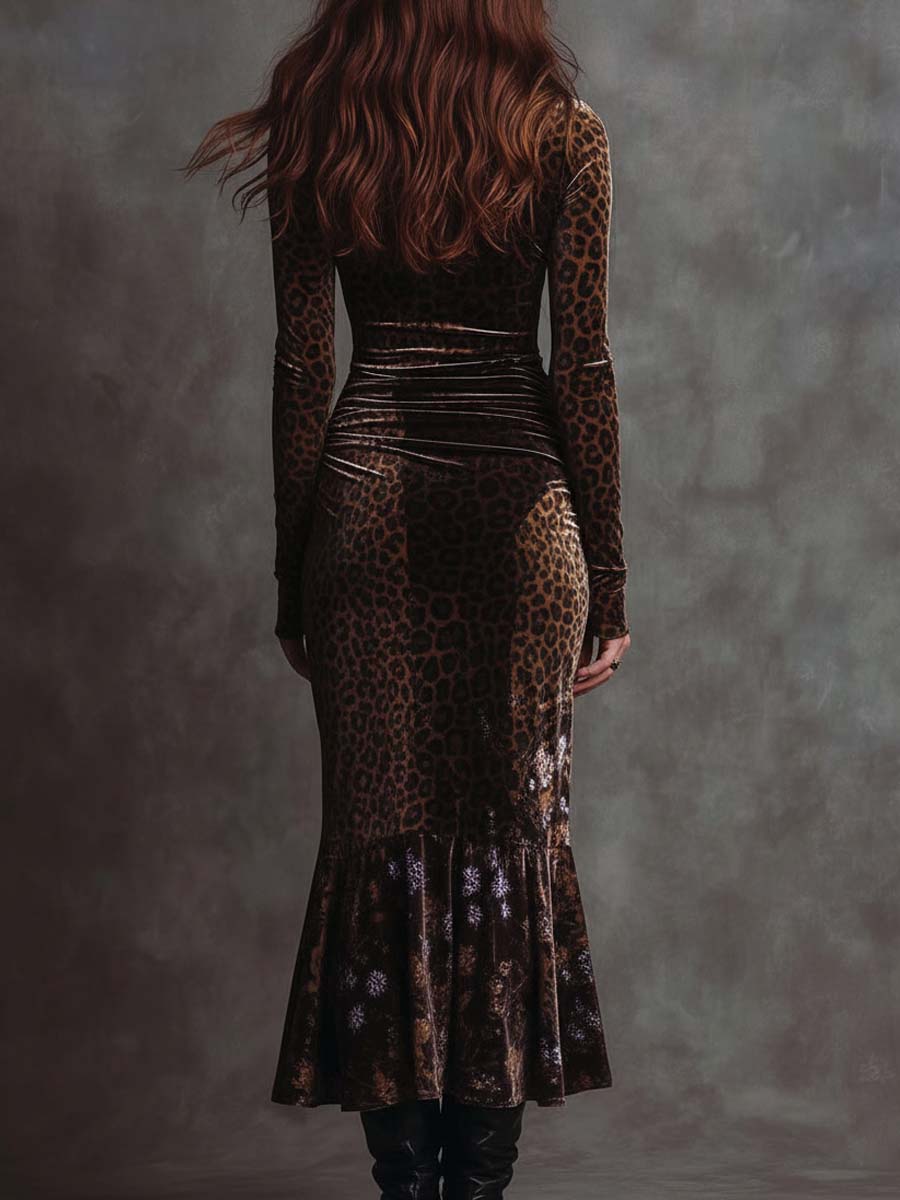 Vestido midi de terciopelo retro gótico con estampado de leopardo y retazos florales
