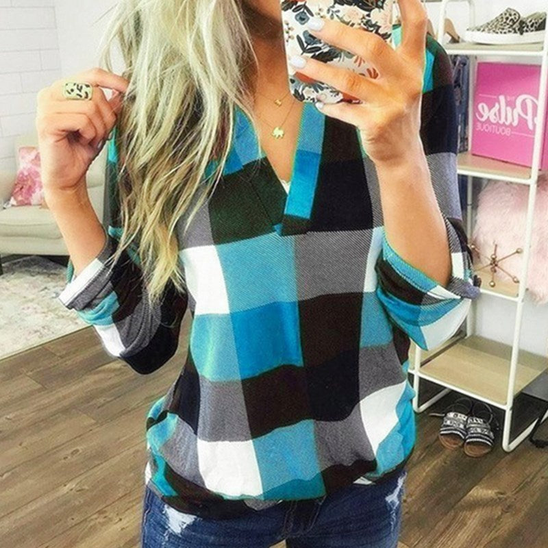 SAMIYA™ | Blusa informal de manga larga a cuadros con cuello en V para mujer