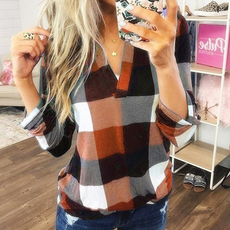SAMIYA™ | Blusa informal de manga larga a cuadros con cuello en V para mujer