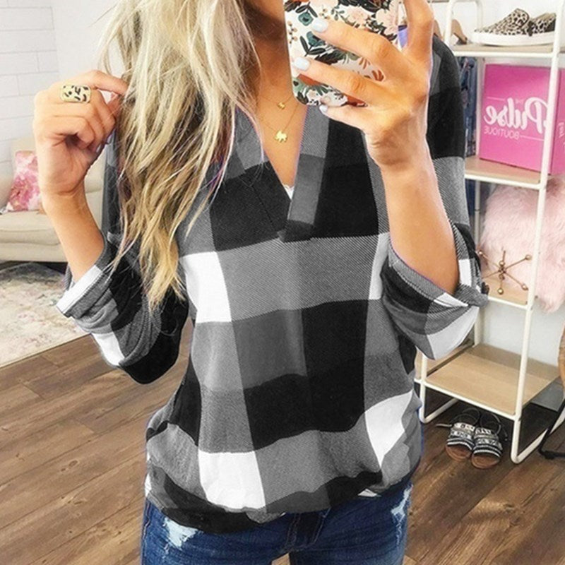 SAMIYA™ | Blusa informal de manga larga a cuadros con cuello en V para mujer