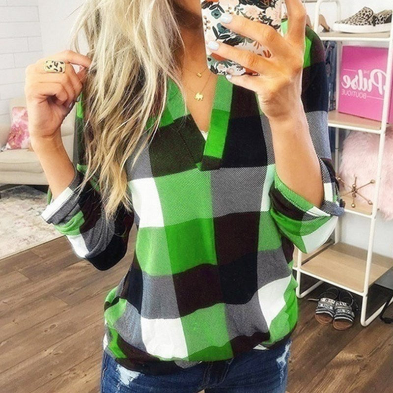 SAMIYA™ | Blusa informal de manga larga a cuadros con cuello en V para mujer