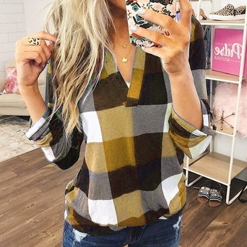 SAMIYA™ | Blusa informal de manga larga a cuadros con cuello en V para mujer