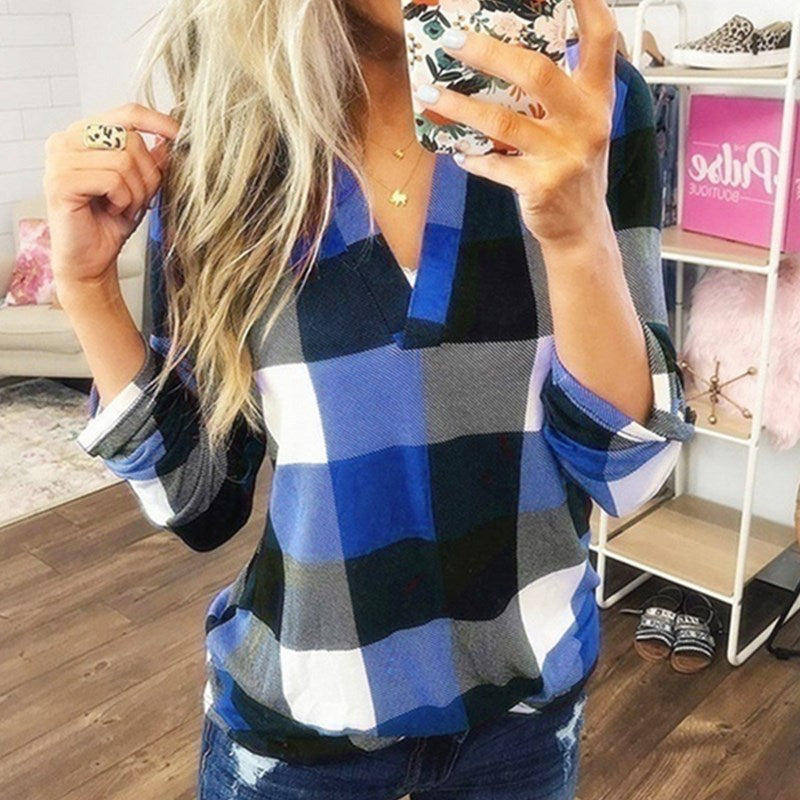 SAMIYA™ | Blusa informal de manga larga a cuadros con cuello en V para mujer
