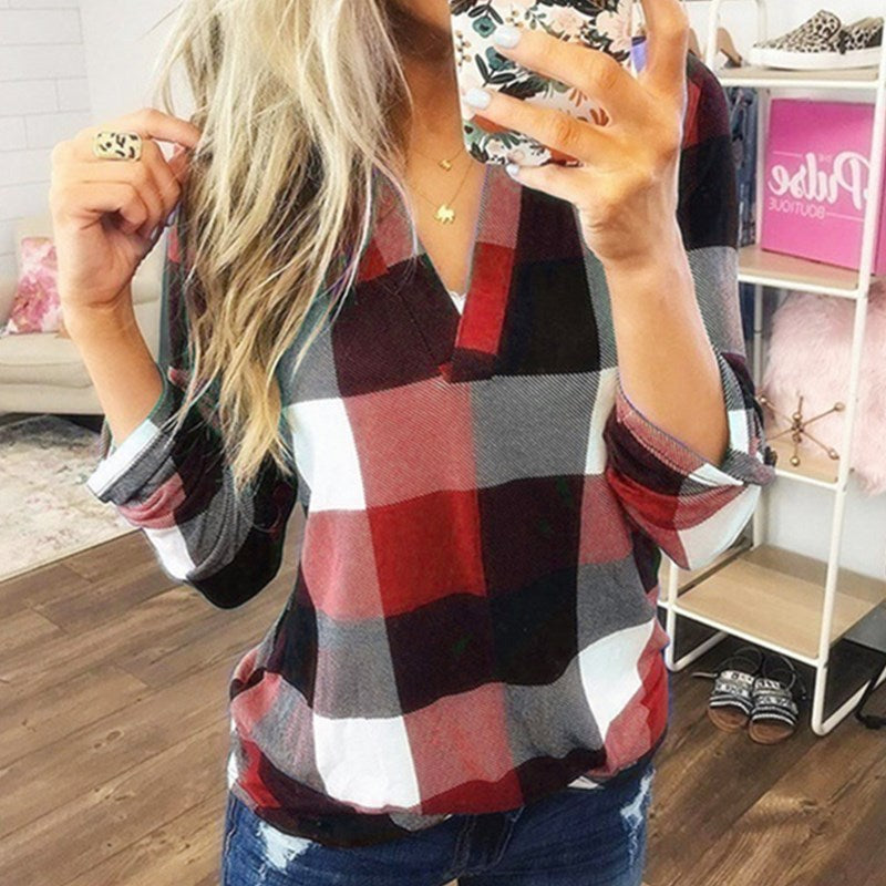SAMIYA™ | Blusa informal de manga larga a cuadros con cuello en V para mujer