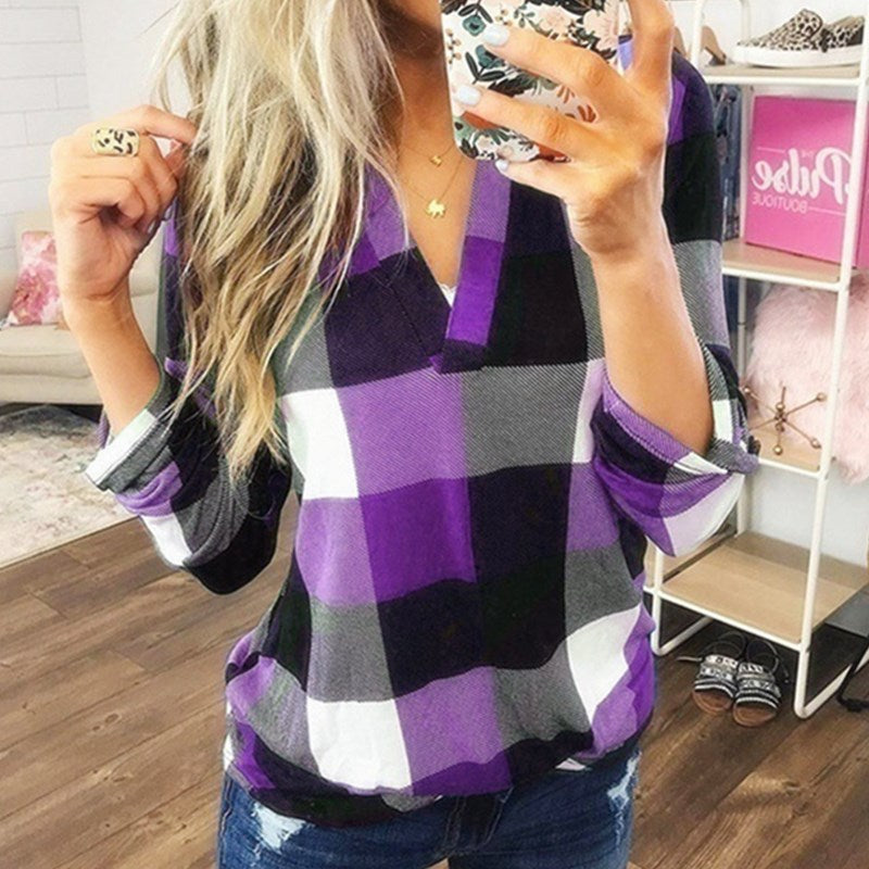 SAMIYA™ | Blusa informal de manga larga a cuadros con cuello en V para mujer