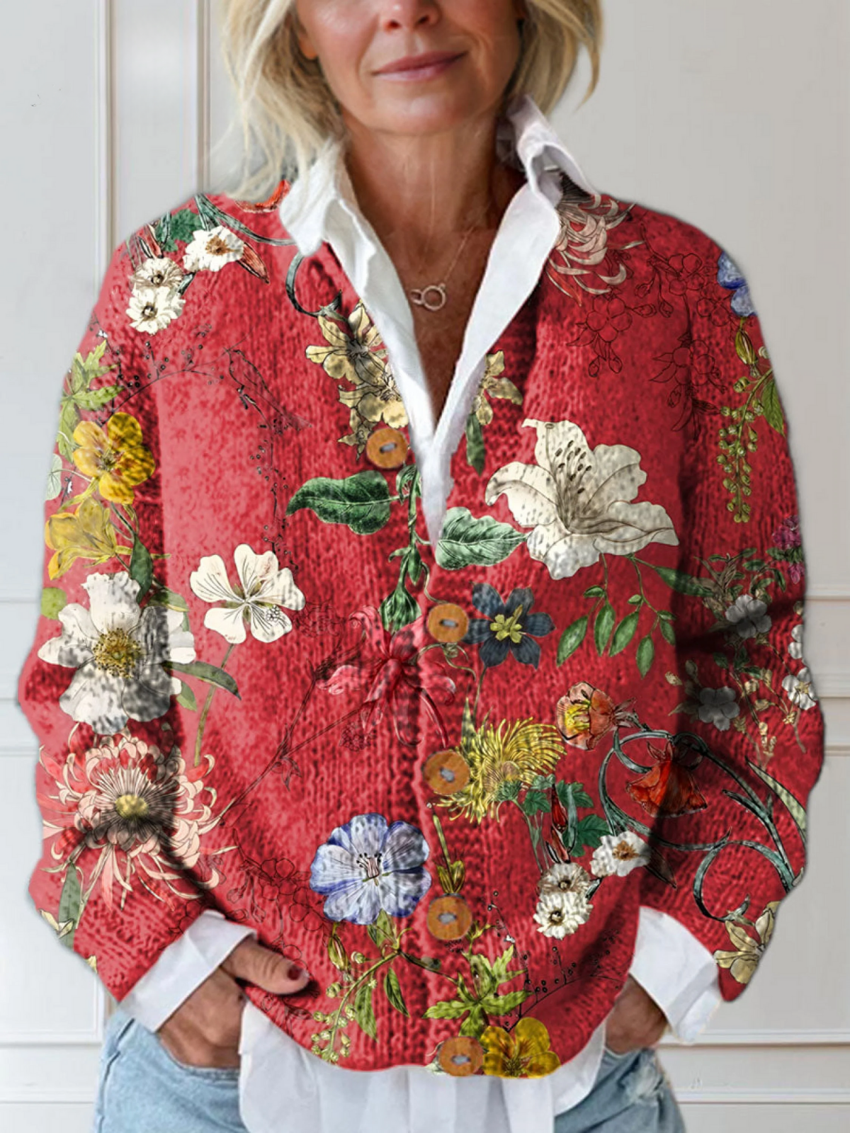 Cárdigan de punto con estampado floral vintage y botones para mujer