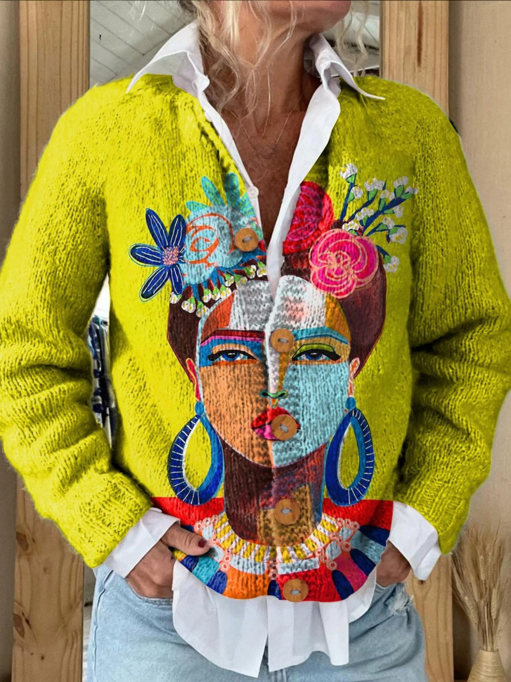 Cárdigan abotonado con estampado de retrato de Freda en pintura al óleo