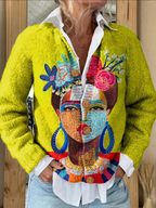 Cárdigan abotonado con estampado de retrato de Freda en pintura al óleo