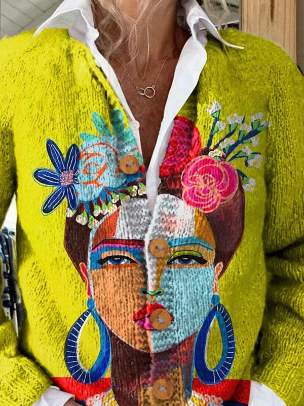 Cárdigan abotonado con estampado de retrato de Freda en pintura al óleo