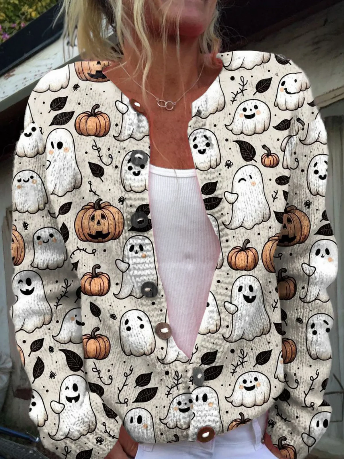 Cárdigan abotonado con estampado de fantasmas divertidos para Halloween
