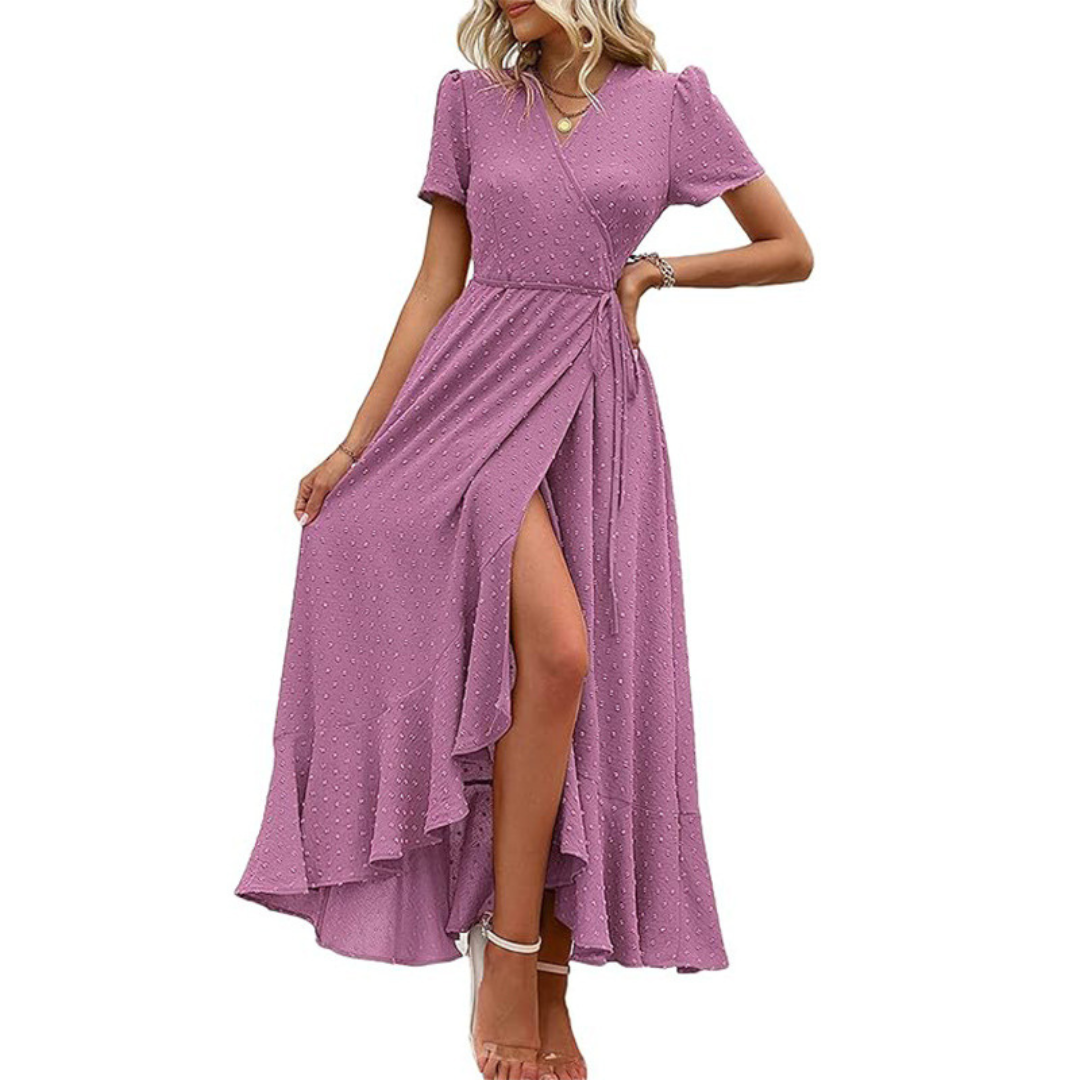 Pilar™ | Vestido maxi elegante fluido cruzado con cuello en V y manga corta