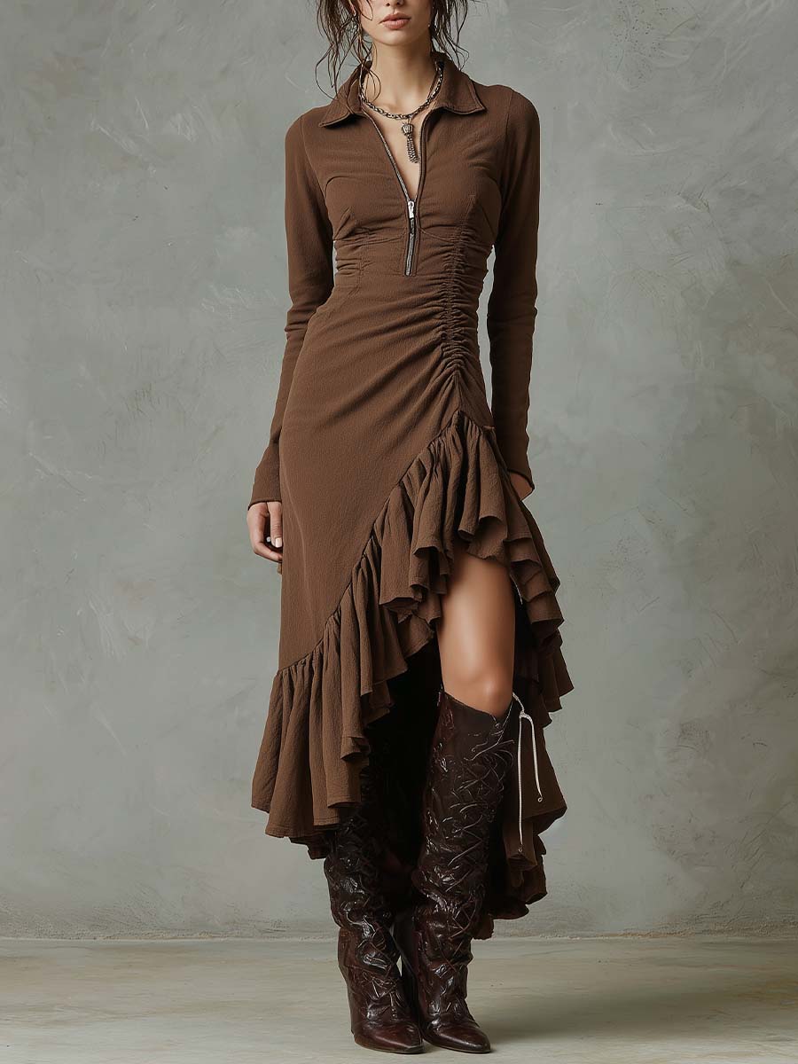 Vestido midi con cremallera asimétrico y volantes