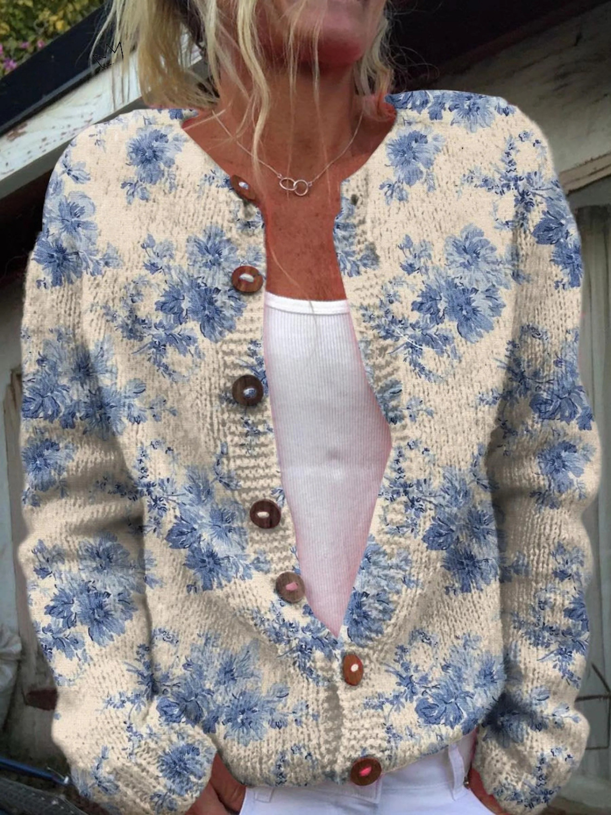 Cárdigan de punto con botones y estampado floral precioso para mujer