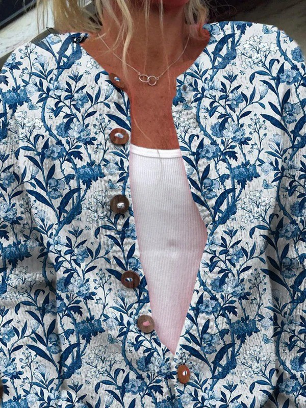 Cárdigan con botones de punto, estampado floral azul y blanco elegante