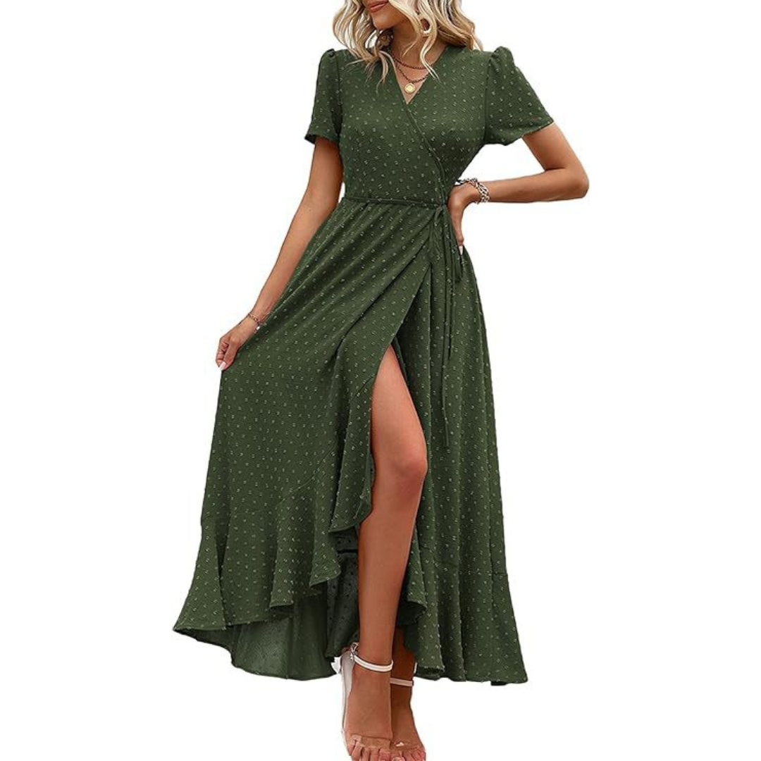 Pilar™ | Vestido maxi elegante fluido cruzado con cuello en V y manga corta
