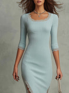 Vestido midi acanalado con bajo de encaje estilo vintage