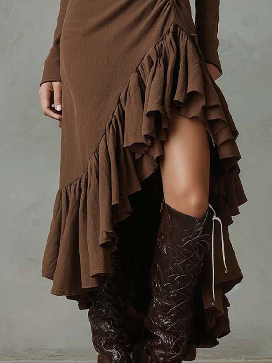 Vestido midi con cremallera asimétrico y volantes