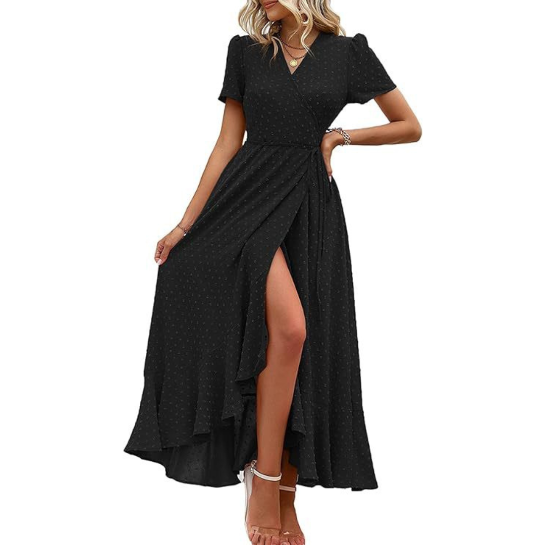 Pilar™ | Vestido maxi elegante fluido cruzado con cuello en V y manga corta