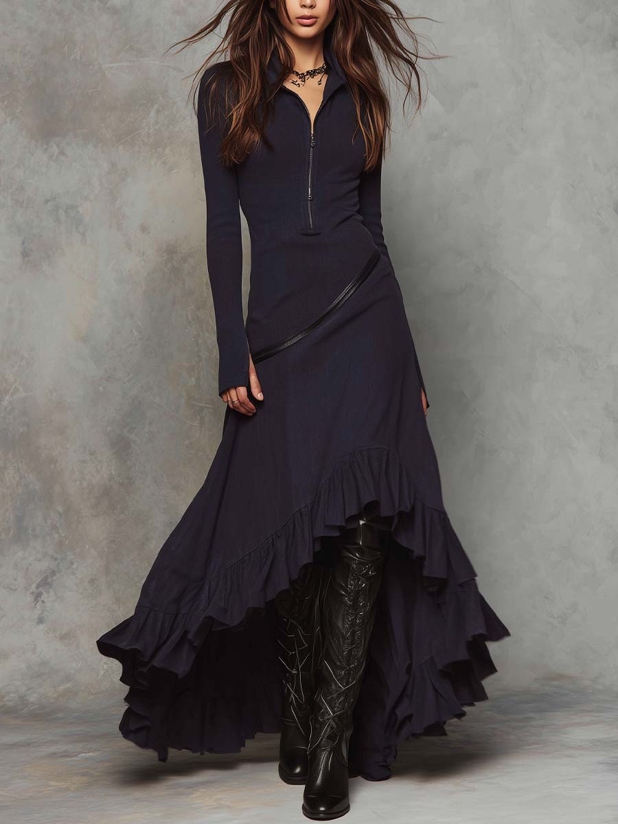 Vestido largo de algodón lavado con dobladillo de volantes