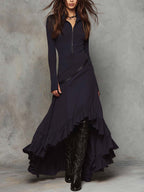 Vestido largo de algodón lavado con dobladillo de volantes