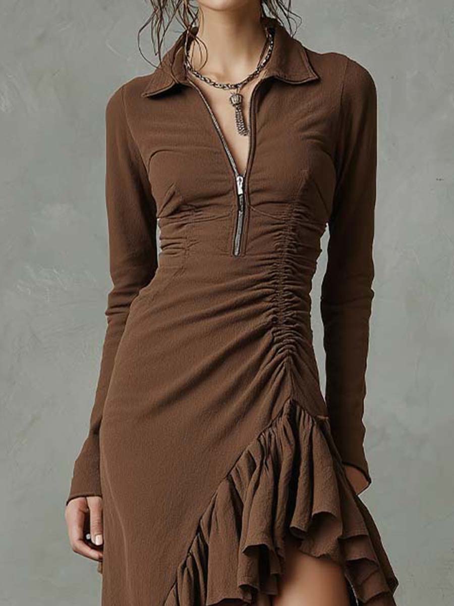 Vestido midi con cremallera asimétrico y volantes
