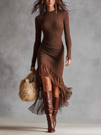Vestido midi de punto acanalado con dobladillo de volantes transparentes