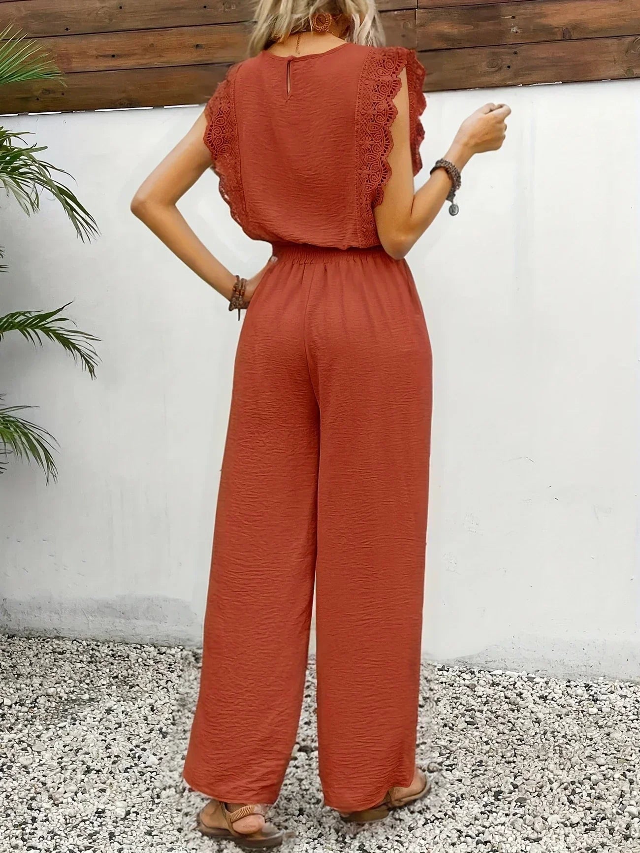 Conjunto elegante de dos piezas Zella™ | Top con encaje y pantalón de pernera ancha