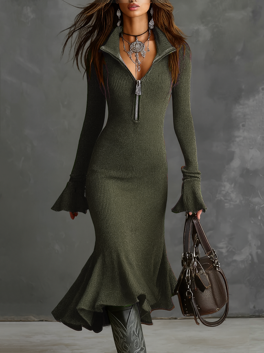 Vestido midi de punto con cuello con cremallera retro y manga acampanada