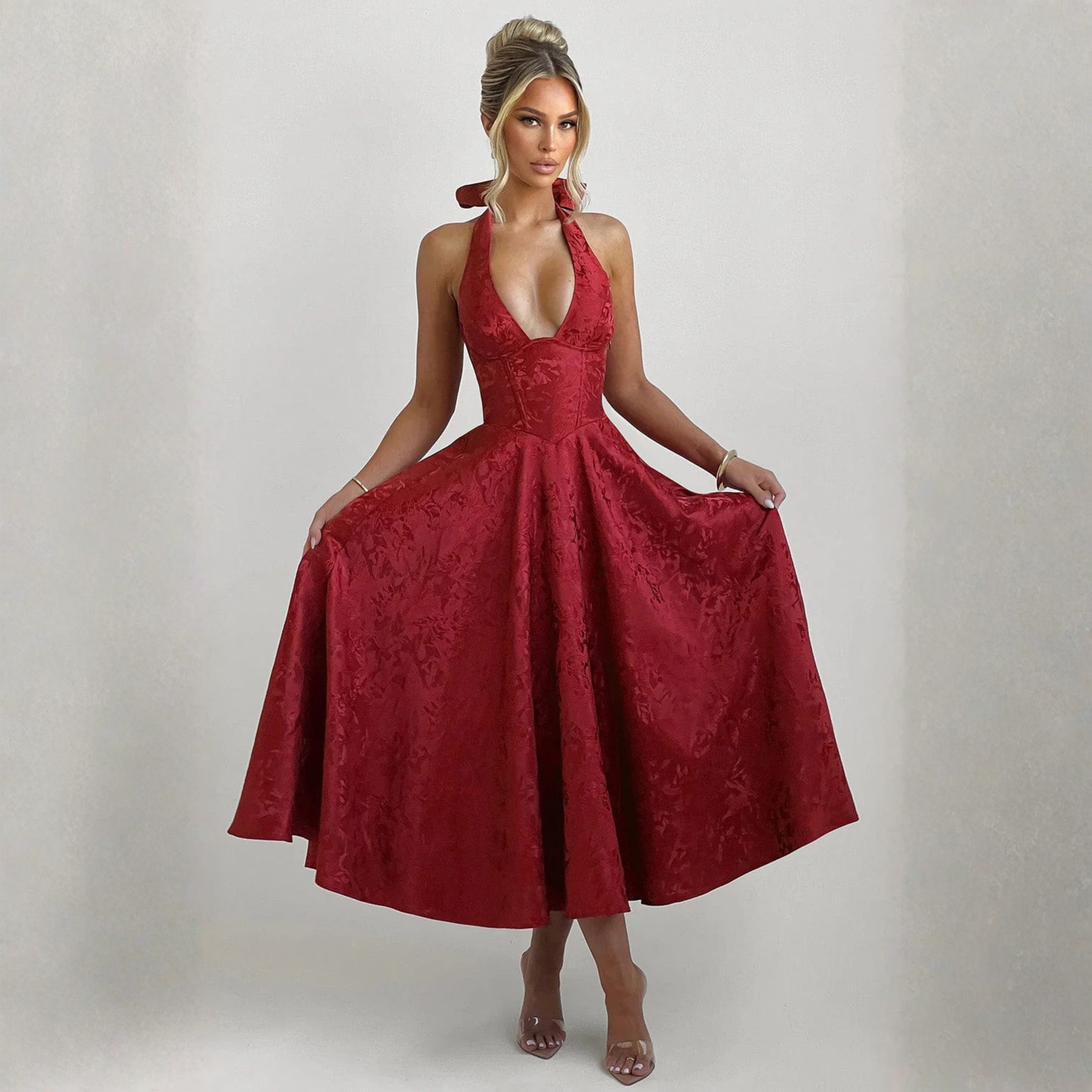 Ziora™ | Vestido maxi con escote pronunciado, sin mangas, espalda abierta y cuello halter en línea A