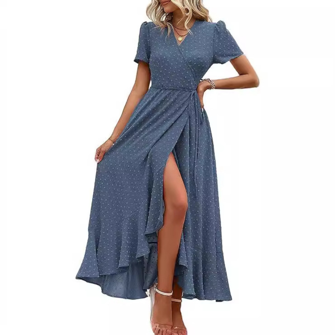 Pilar™ | Vestido maxi elegante fluido cruzado con cuello en V y manga corta