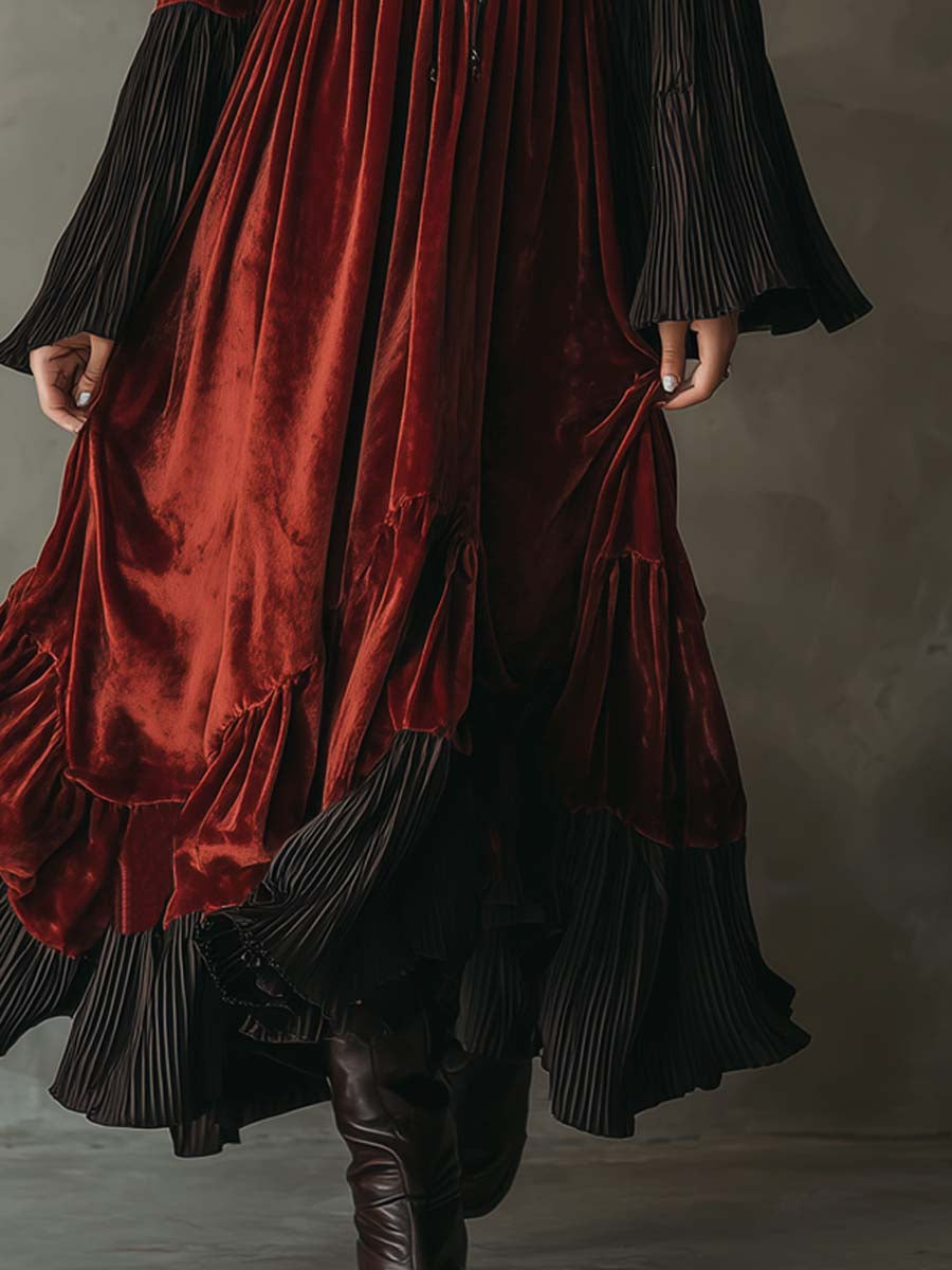 Vestido midi de terciopelo de poliéster vintage plisado con bajo con volantes