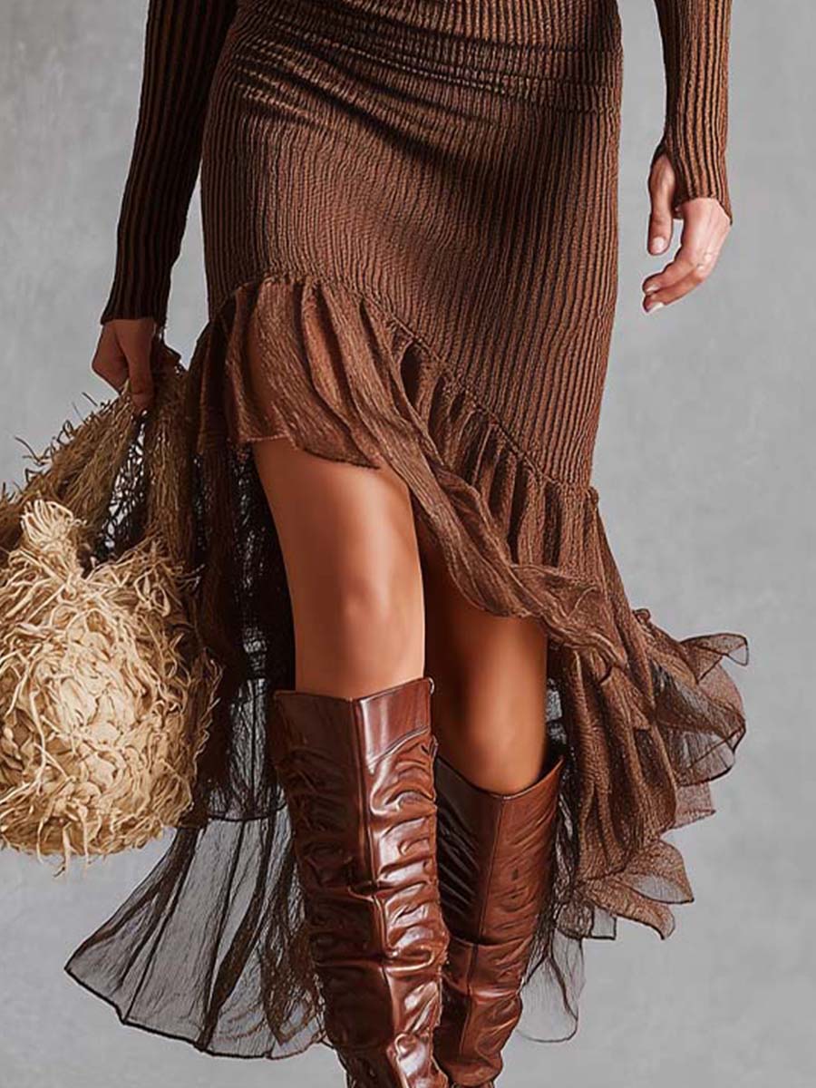 Vestido midi de punto acanalado con dobladillo de volantes transparentes