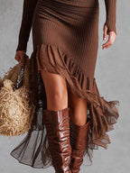 Vestido midi de punto acanalado con dobladillo de volantes transparentes