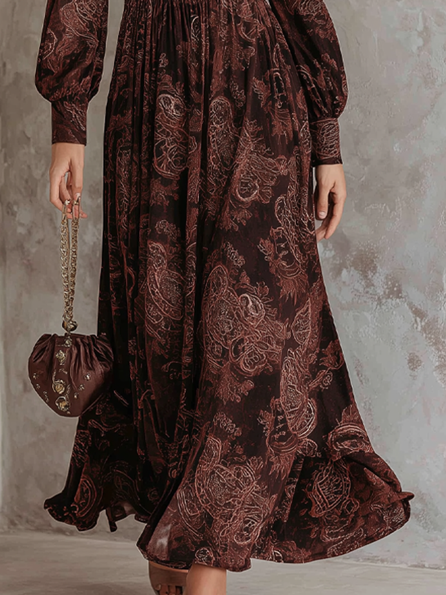 Vestido midi retro de manga larga con cuello de cremallera y estampado de cachemira