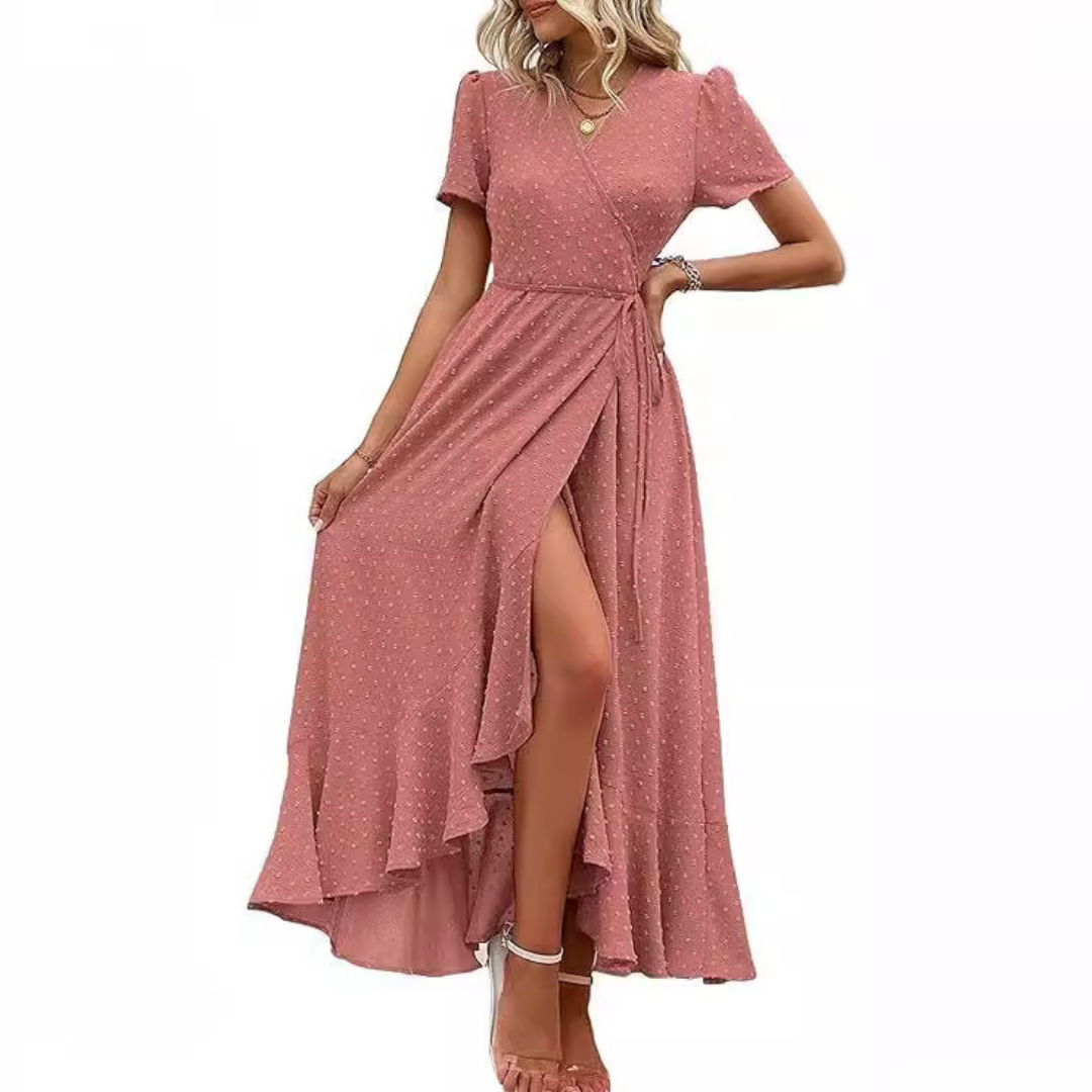 Pilar™ | Vestido maxi elegante fluido cruzado con cuello en V y manga corta
