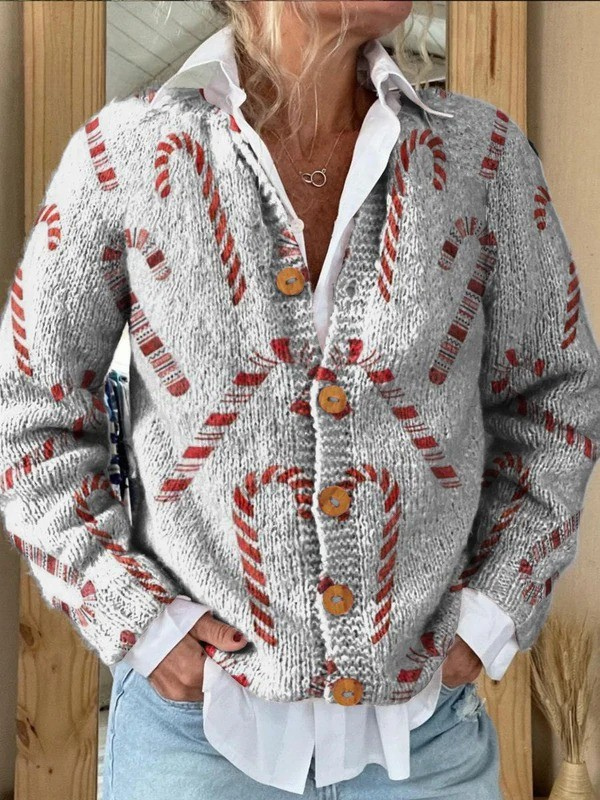 Cárdigan con botones y estampado decorativo festivo de bastones de caramelo