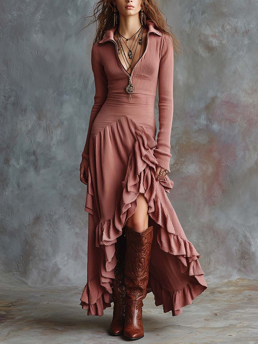 Vestido Maxi con Volantes Asimétricos Acanalado y Cuello con Cremallera