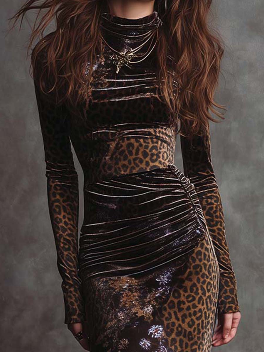 Vestido midi de terciopelo retro gótico con estampado de leopardo y retazos florales