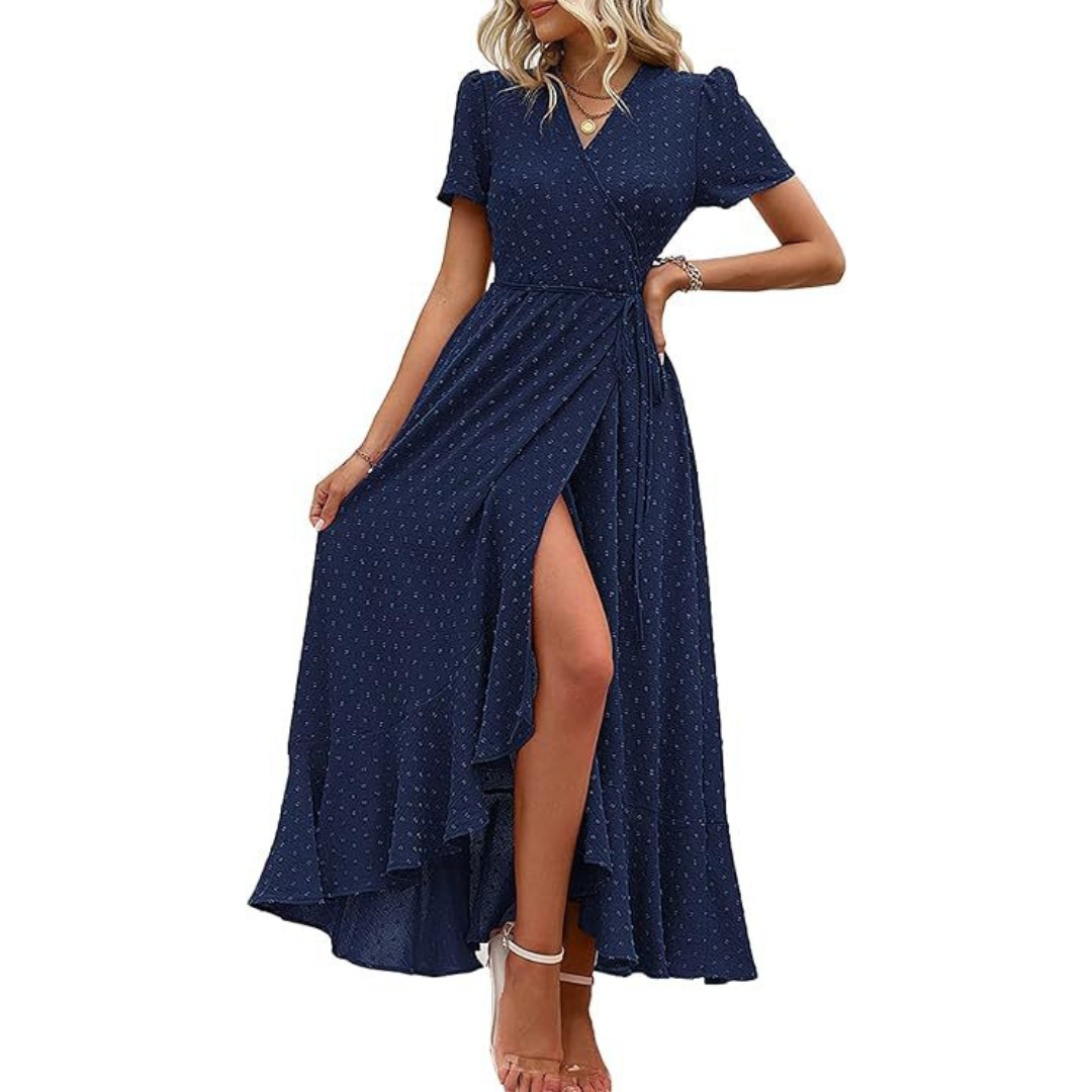 Pilar™ | Vestido maxi elegante fluido cruzado con cuello en V y manga corta