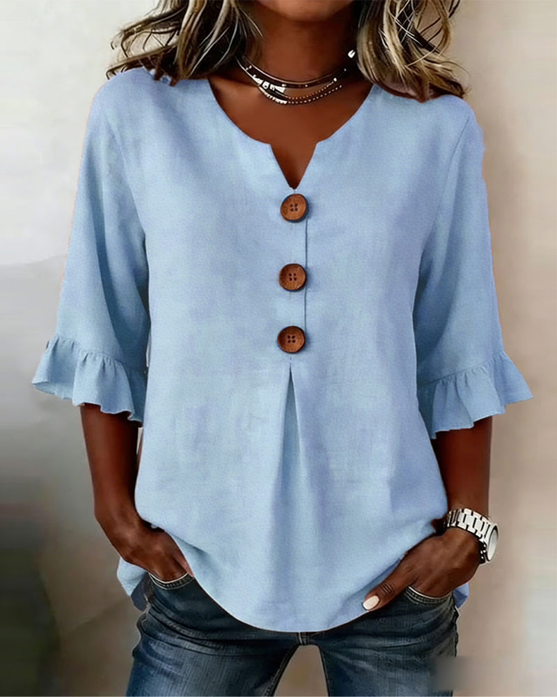 Sophia Blusas lisas de algodón y lino con botones de madera y volantes.